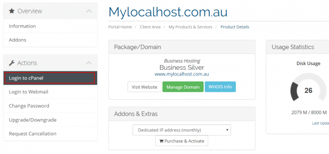 Login to cPanel via client area. Login to cPanel via client area.